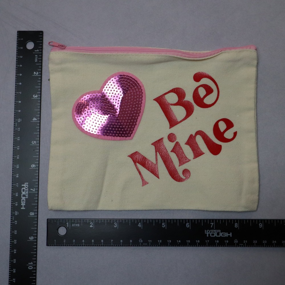Be Mine Pink Sequin Heart Patch Pink Zipper Canvas Pouch Handmade Makeup Bag - Picture 3 of 3